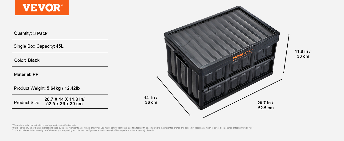 VEVOR collapsible storage bins in black, 3-pack, 45l capacity each, dimensions 20.7x14x11.8 inches.