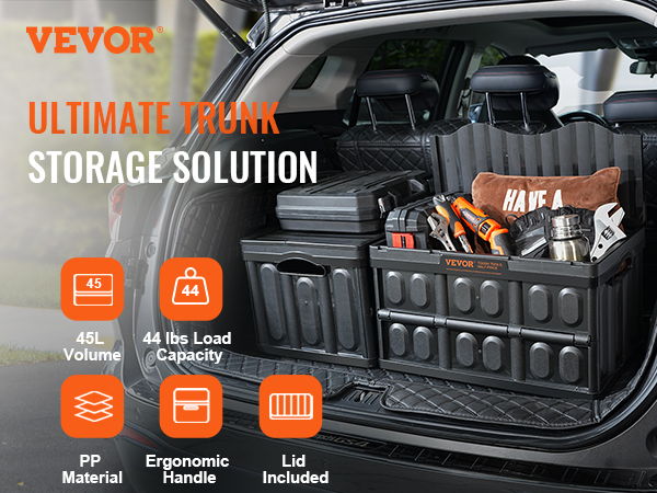 VEVOR collapsible storage bins in car trunk with tools and pillow, highlighting load capacity and handle.