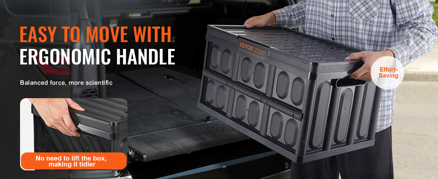 man lifting VEVOR collapsible storage bin with ergonomic handle, highlighting easy and effort-saving use.