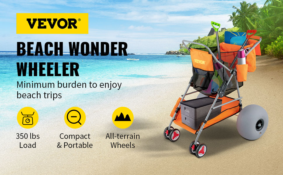 VEVOR beach wonder wheeler on a sunny beach with large wheels, storage compartments, and beach gear.