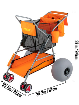 orange and black VEVOR beach wonder wheeler cart with large wheels and storage compartments.