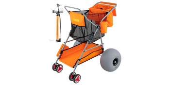 VEVOR beach wonder wheeler with large gray wheels, orange seat, and attached air pump