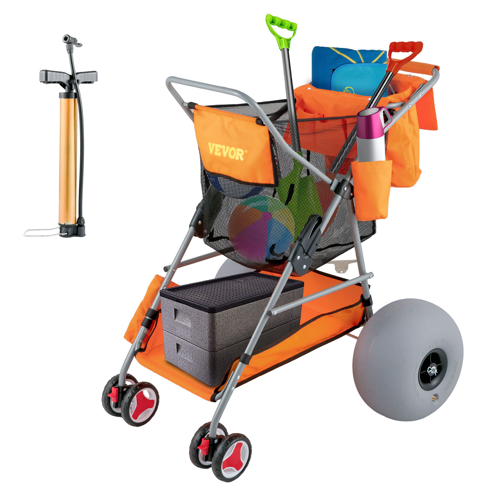 VEVOR beach wonder wheeler with pump, large wheels, and mesh bag for beach gear and accessories.