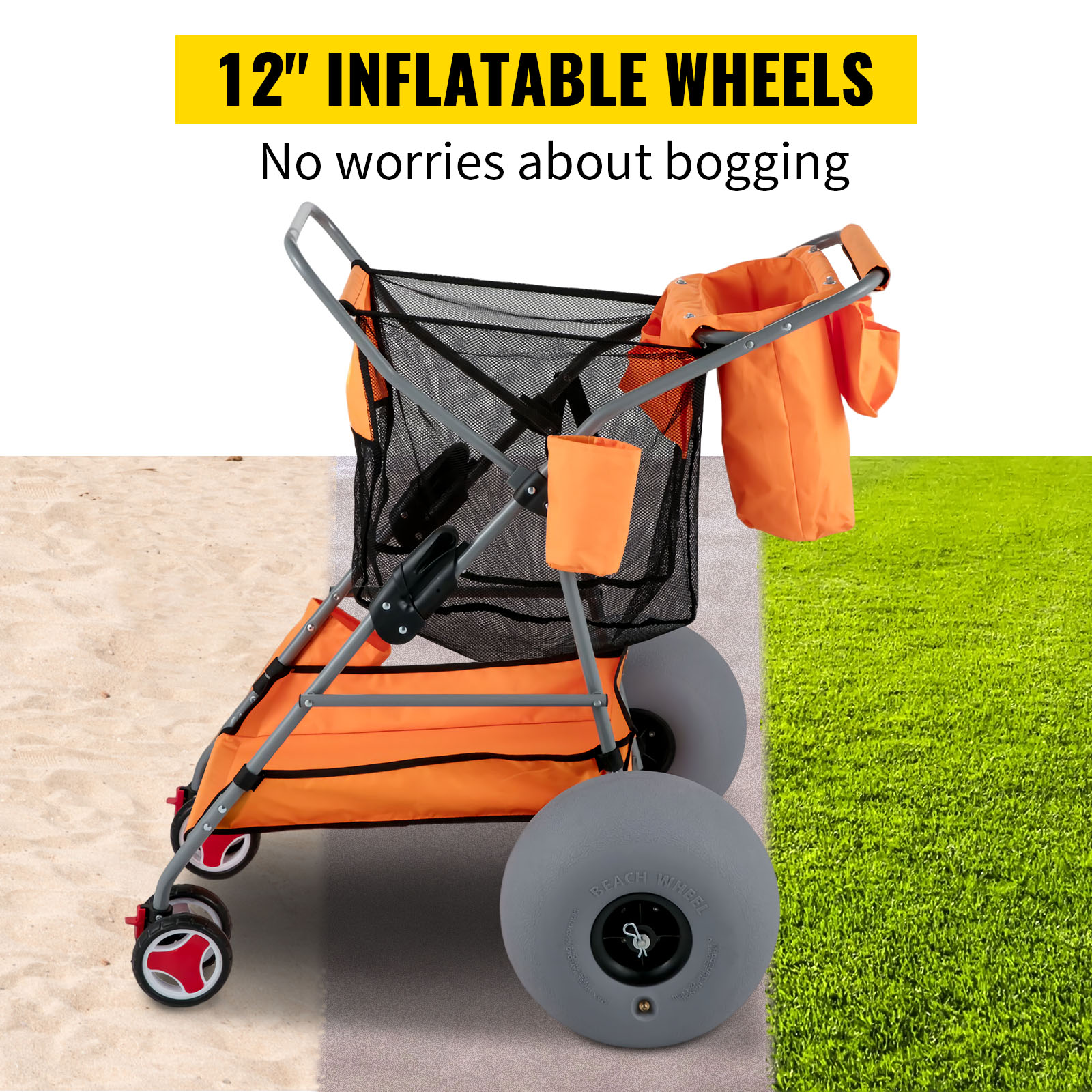 VEVOR beach wonder wheeler with 12" inflatable wheels for easy movement on sand, carpet, and grass.