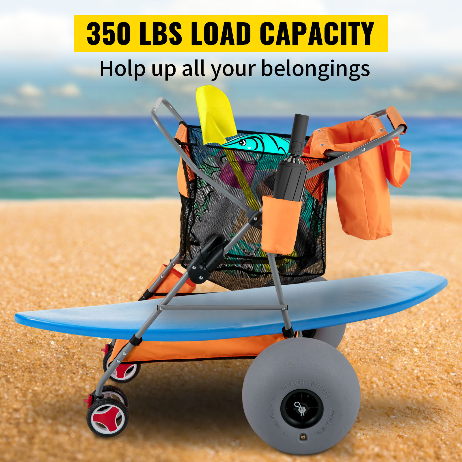 VEVOR beach wonder wheeler carrying surfboard, beach gear, and accessories with 350 lbs load capacity.