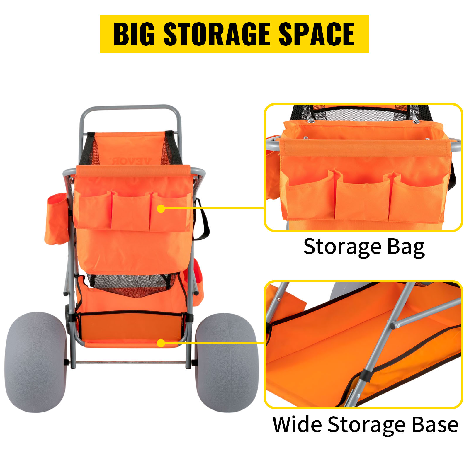 VEVOR beach wonder wheeler with storage bag, wide base, and large wheels for beach gear transport.