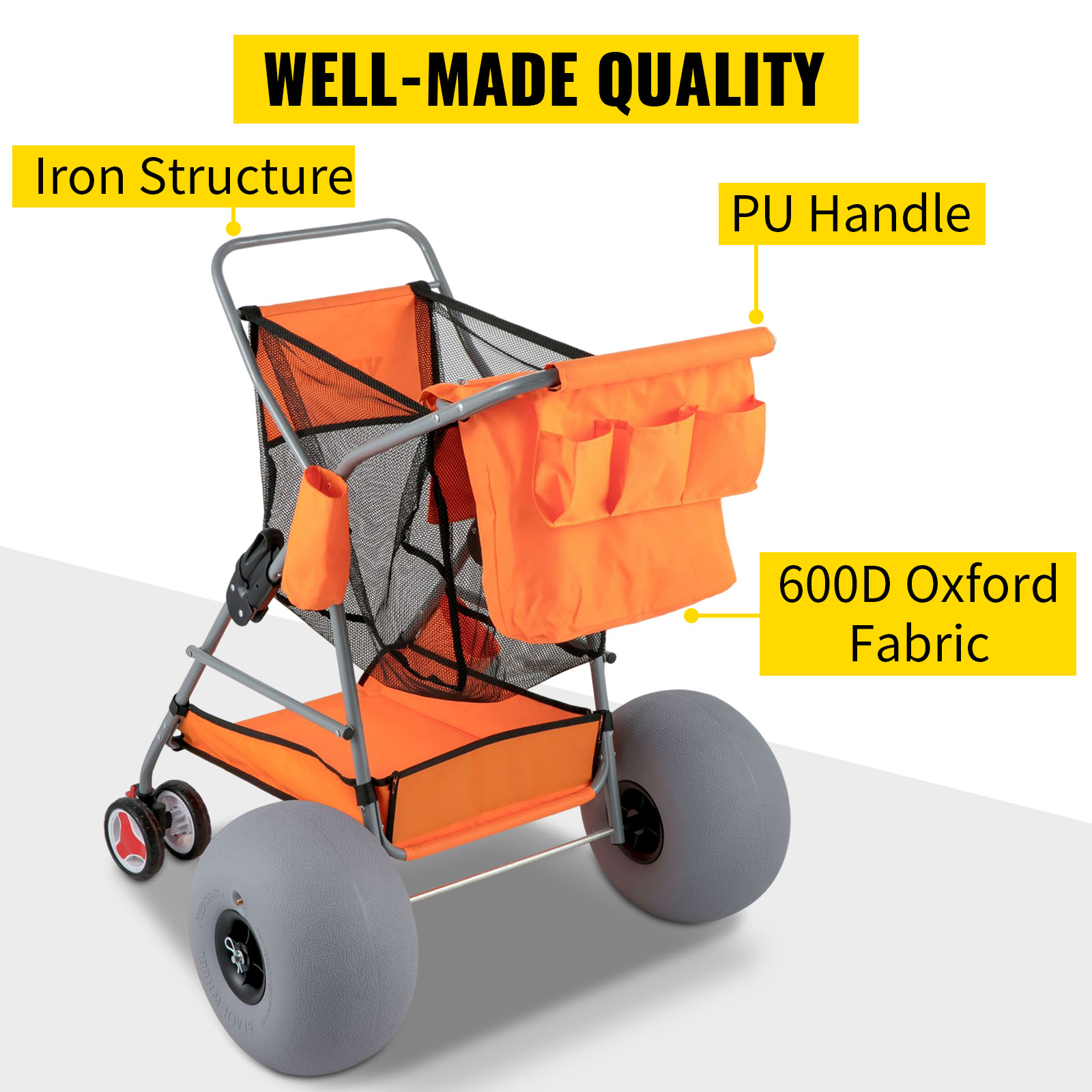VEVOR beach wonder wheeler with iron structure, pu handle, and 600d oxford fabric for durability.