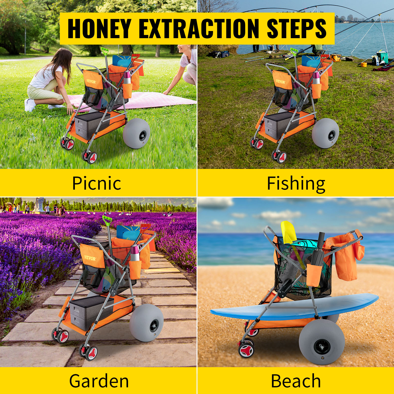 VEVOR beach wonder wheeler used in picnic, fishing, garden, and beach settings.