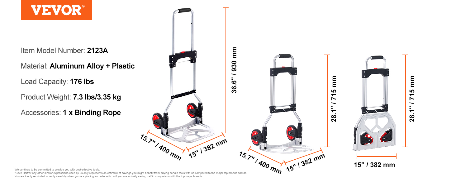 VEVOR folding hand truck with aluminum alloy frame, 176 lbs load capacity, and foldable design.