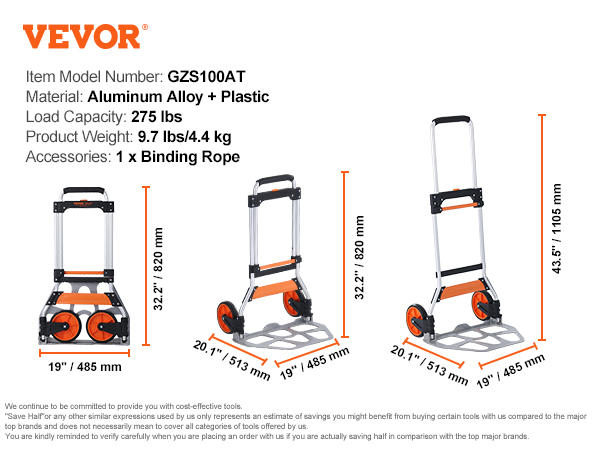 VEVOR folding hand truck, 275lbs capacity, aluminum alloy, plastic, 9.7lbs, 43.5" height, dimensions shown.