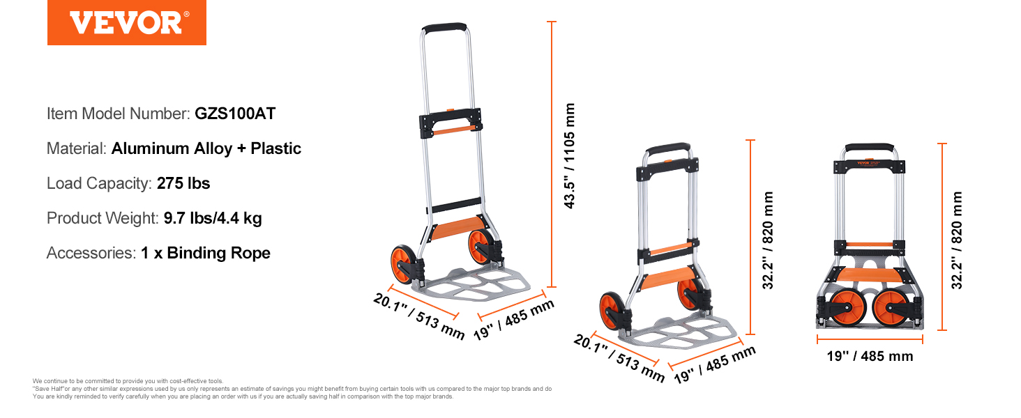 VEVOR folding hand truck, 275lbs capacity, aluminum alloy, plastic, 9.7lbs, 43.5" height, dimensions shown.
