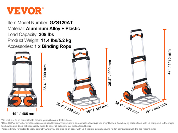 VEVOR folding hand truck gzs120at, aluminum alloy and plastic, load capacity 309 lbs, weight 11.4 lbs.