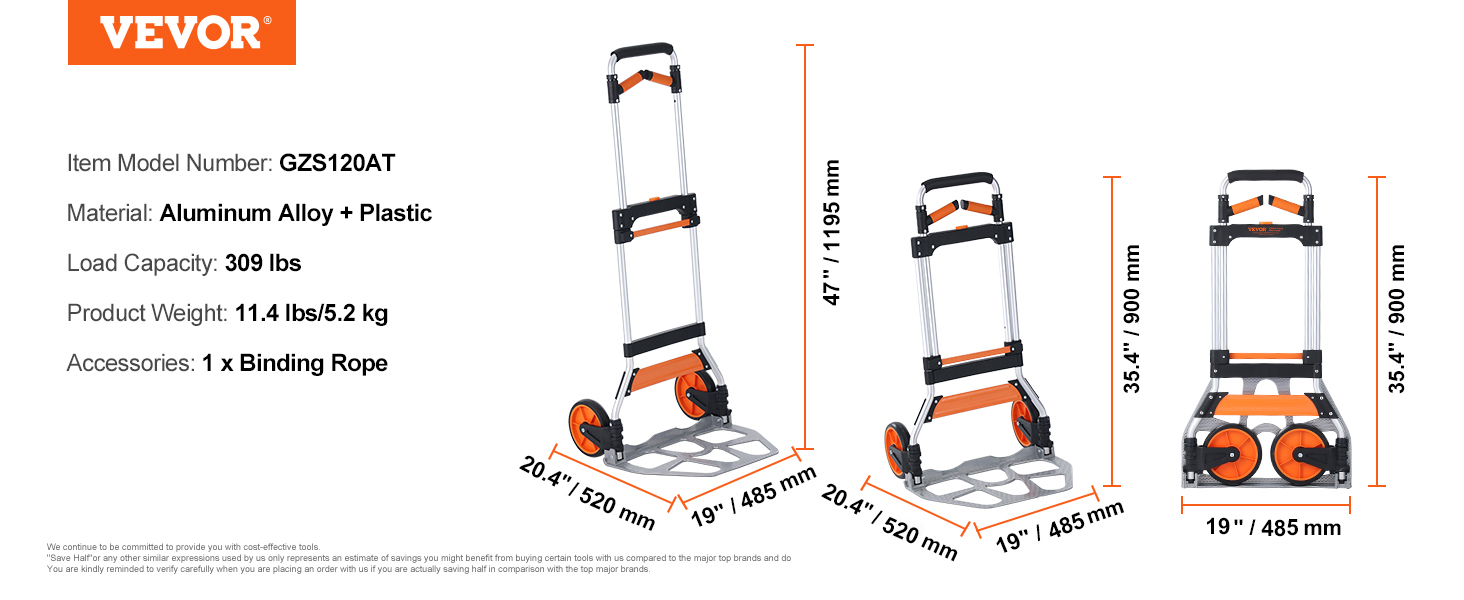 VEVOR folding hand truck gzs120at, aluminum alloy and plastic, load capacity 309 lbs, weight 11.4 lbs.