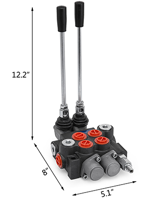 VEVOR hydraulic control valve with dimensions marked: 12.2"x8"x5.1".