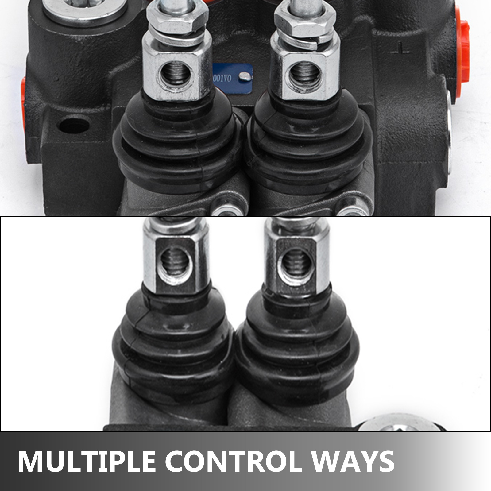VEVOR hydraulic control valve close-up with dual control levers and multiple control ways.