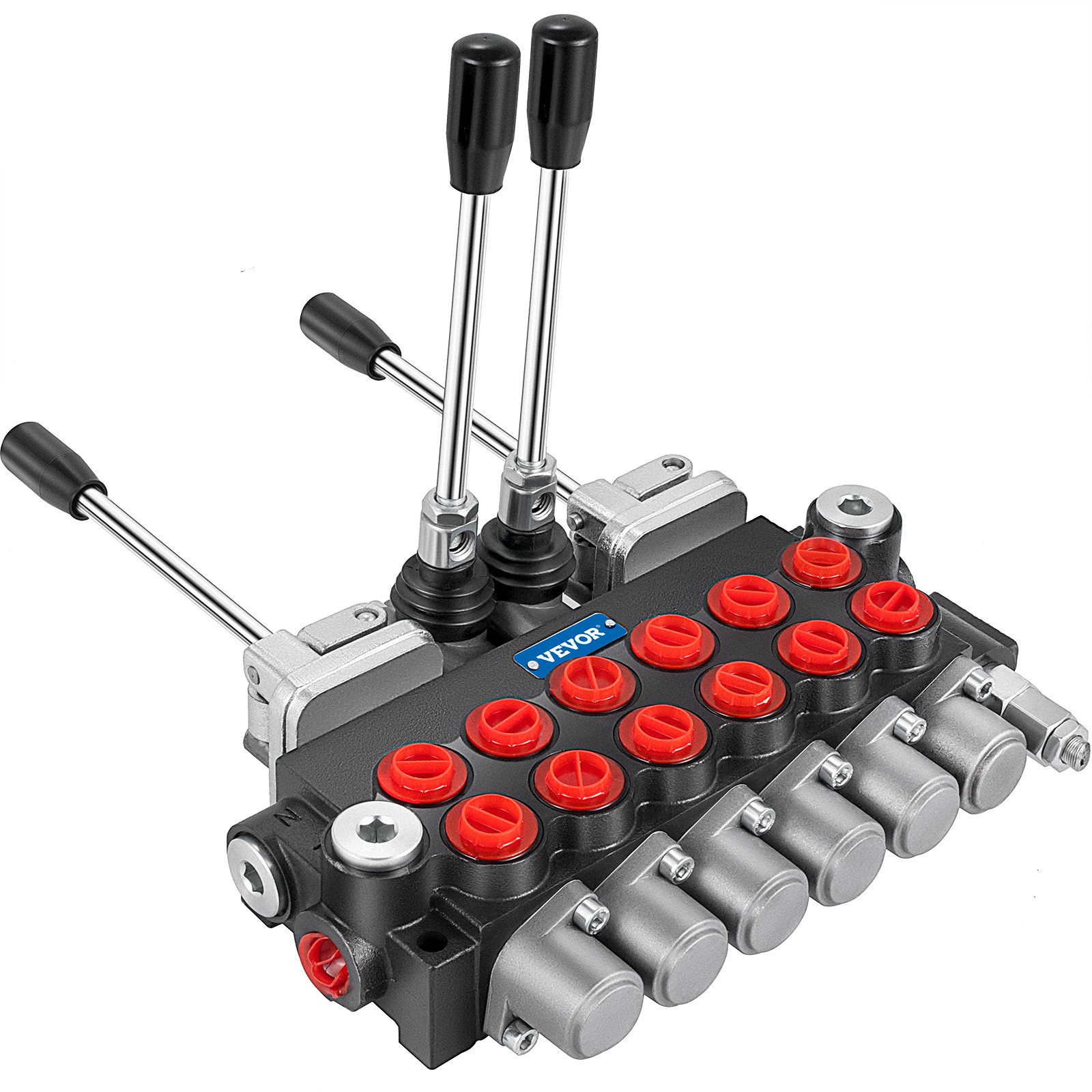 VEVOR hydraulic control valve with dual levers and multiple red-capped ports.