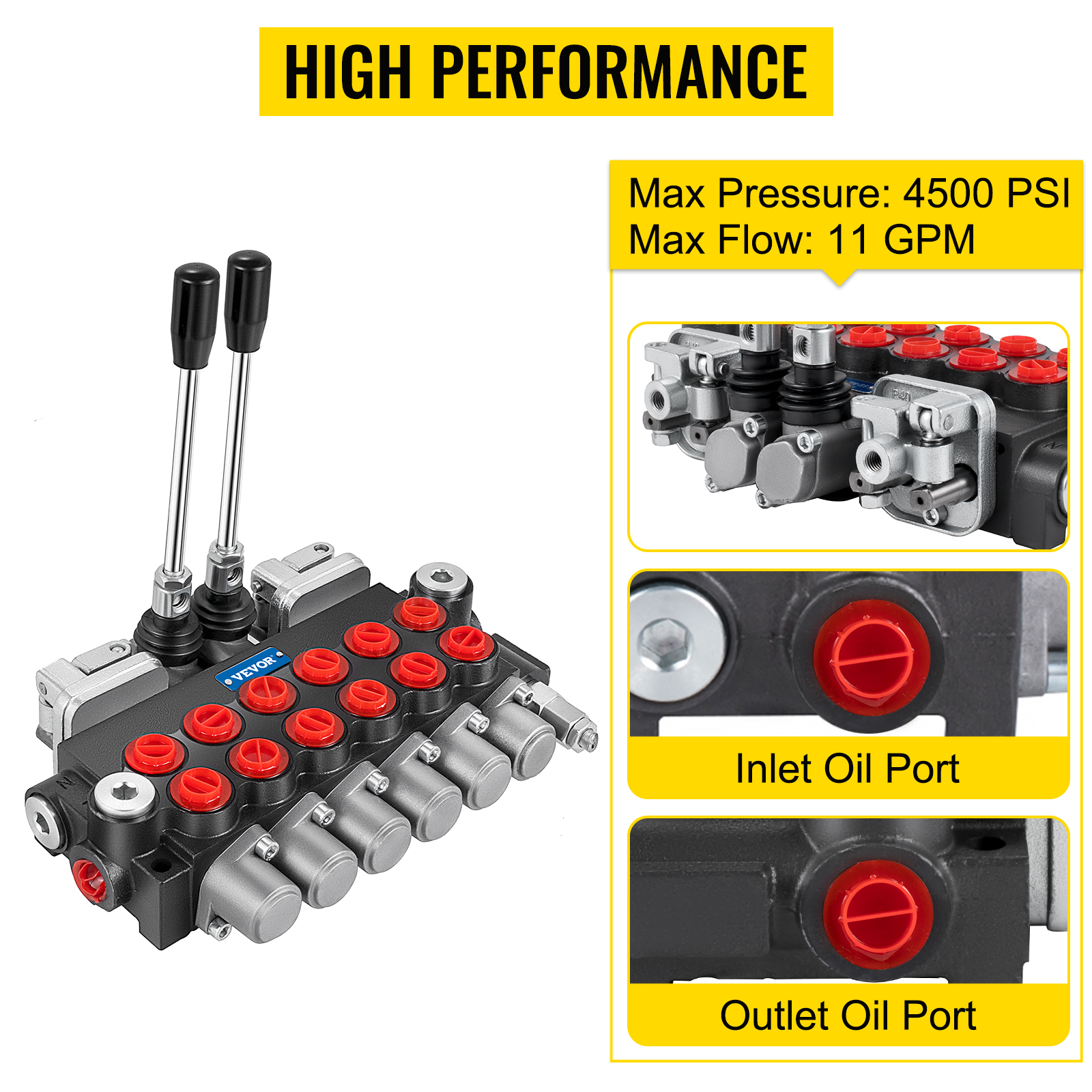 VEVOR hydraulic control valve with dual levers, inlet and outlet ports, high performance.