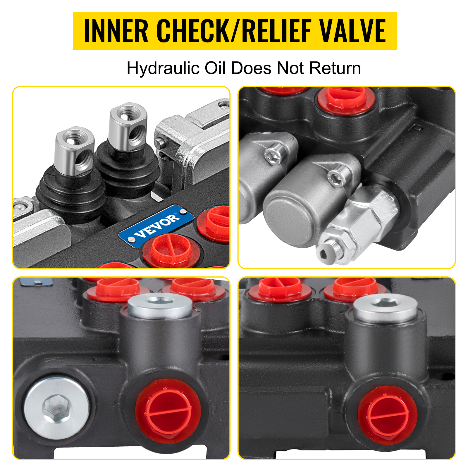 VEVOR hydraulic control valve with inner check/relief valve; hydraulic oil does not return.