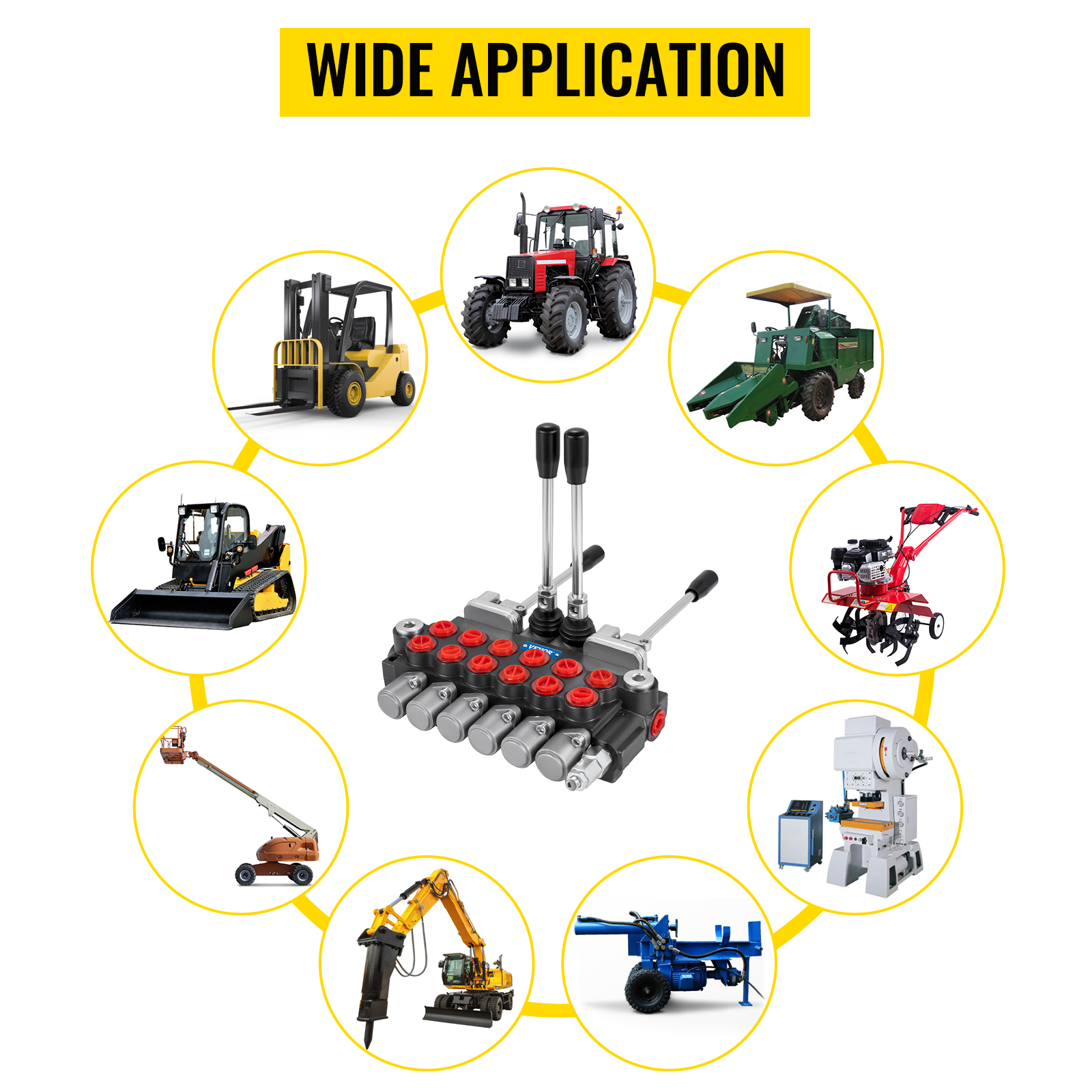 VEVOR hydraulic control valve showing wide application in various machinery.