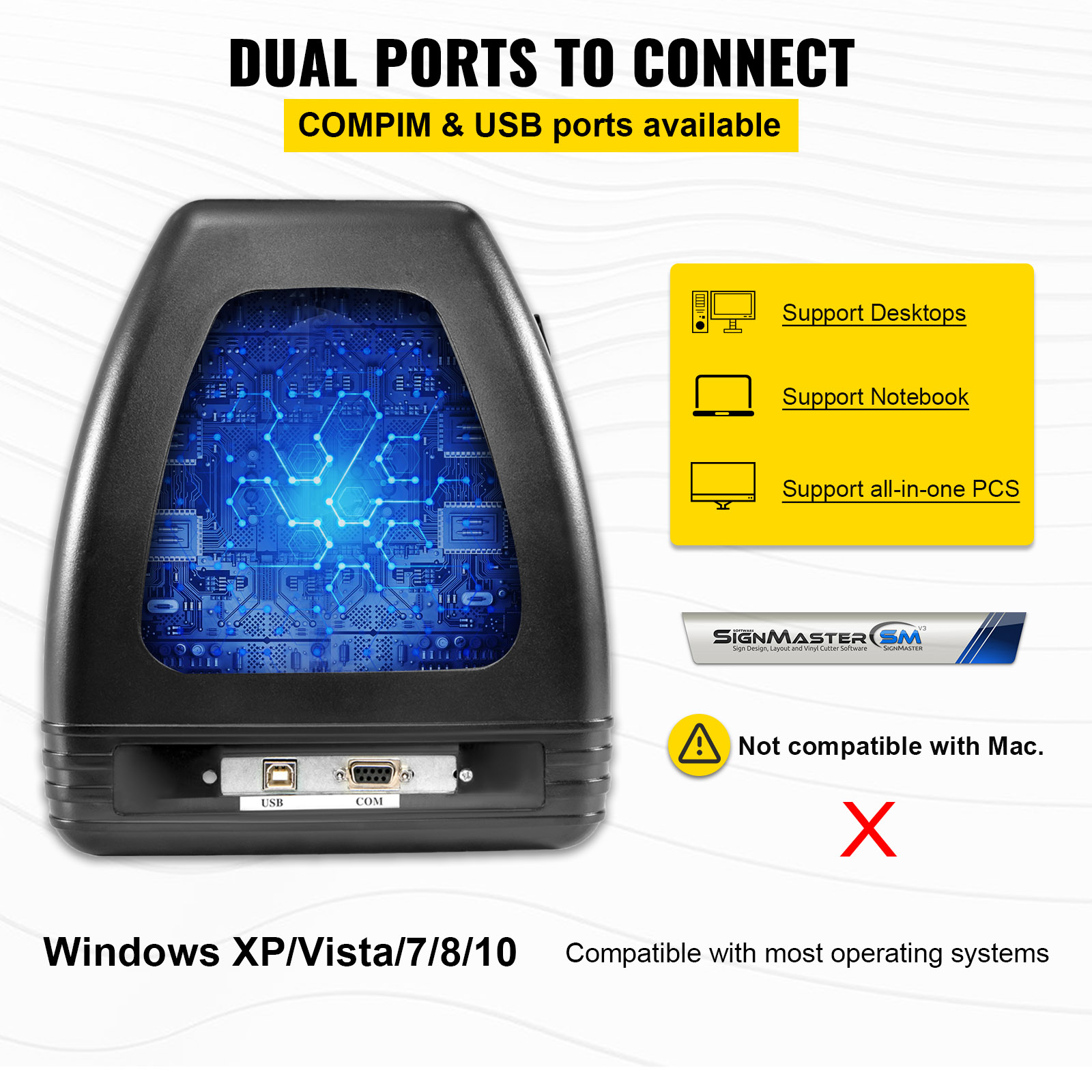 aizmugurē VEVOR vinila griezējs mašīna ar com un usb porti, atbalsta windows os.