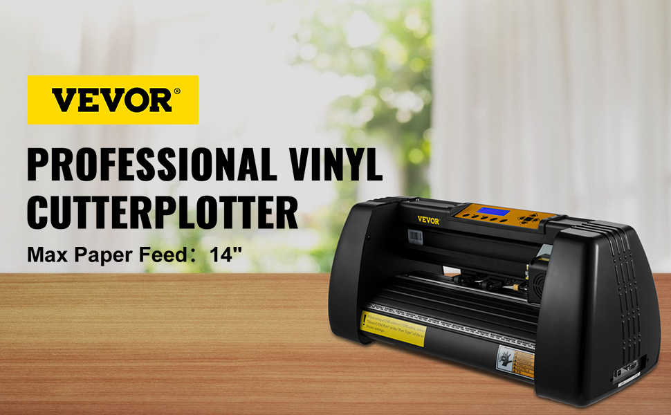 VEVOR vinyl cutter plotter on a table with a blurred background. max paper feed: 14".