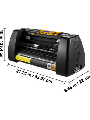 VEVOR vinyl cutter plotter with dimensions 21.25 x 8.66 x 10 inches.