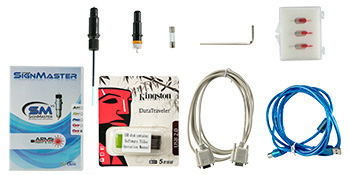 VEVOR vinyl cutter plotter accessories including cables, usb, and tools.