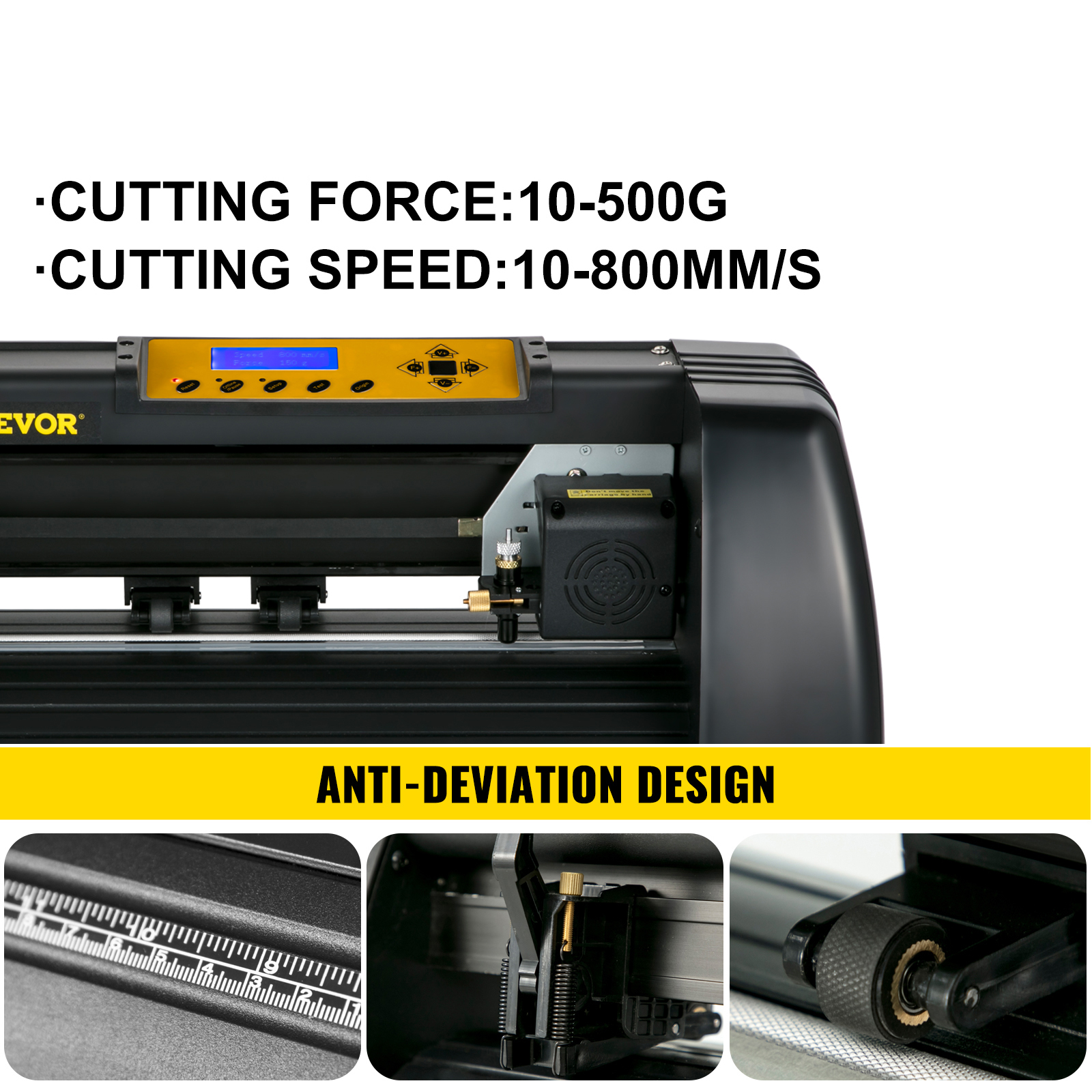 VEVOR vinyl cutter plotter with 10-500g force, 10-800mm/s speed, anti-deviation design.