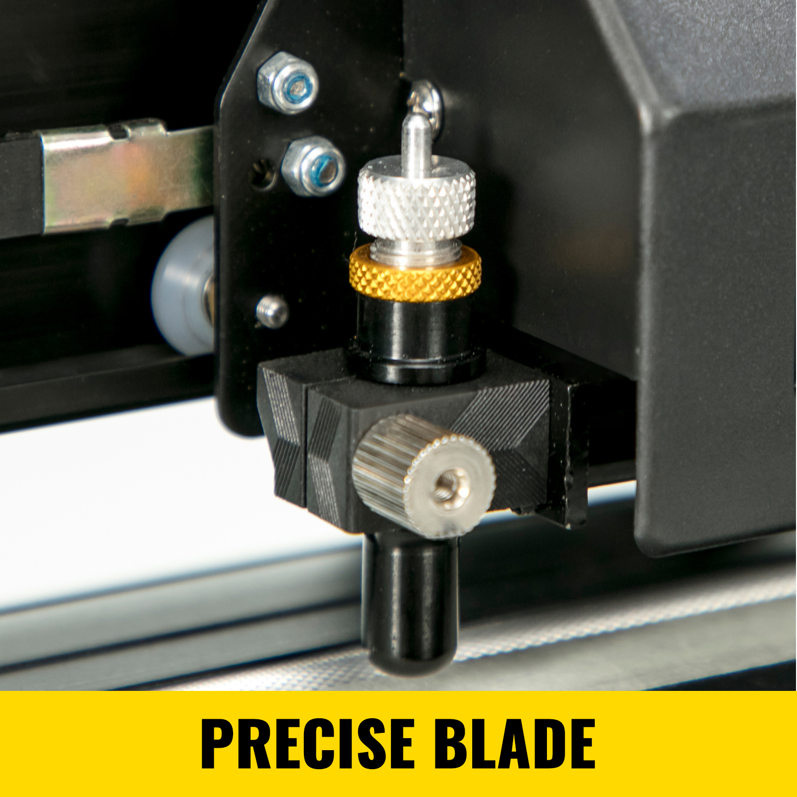 VEVOR vinyl cutter plotter blade close-up with adjustment knob and sturdy mount.