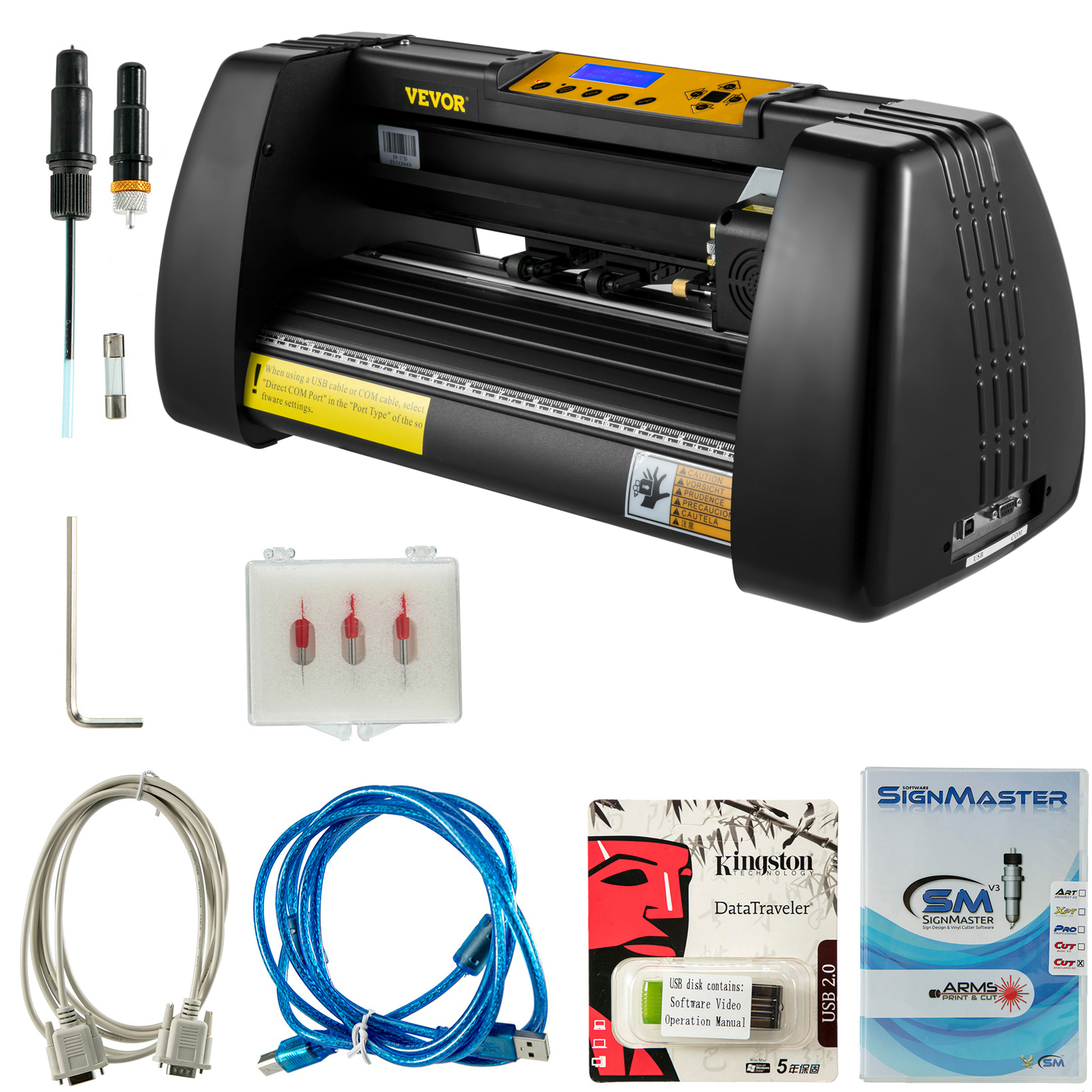 VEVOR vinyl cutter plotter with accessories, usb cables, blades, and software package.