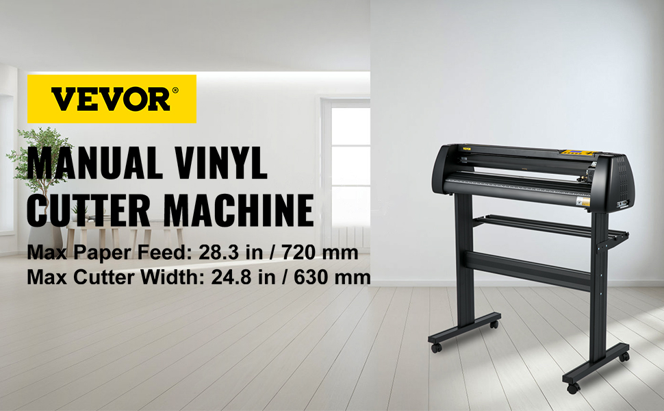 VEVOR vinyl cutter displayed in modern room, max paper feed 720mm, max cutter width 630mm.