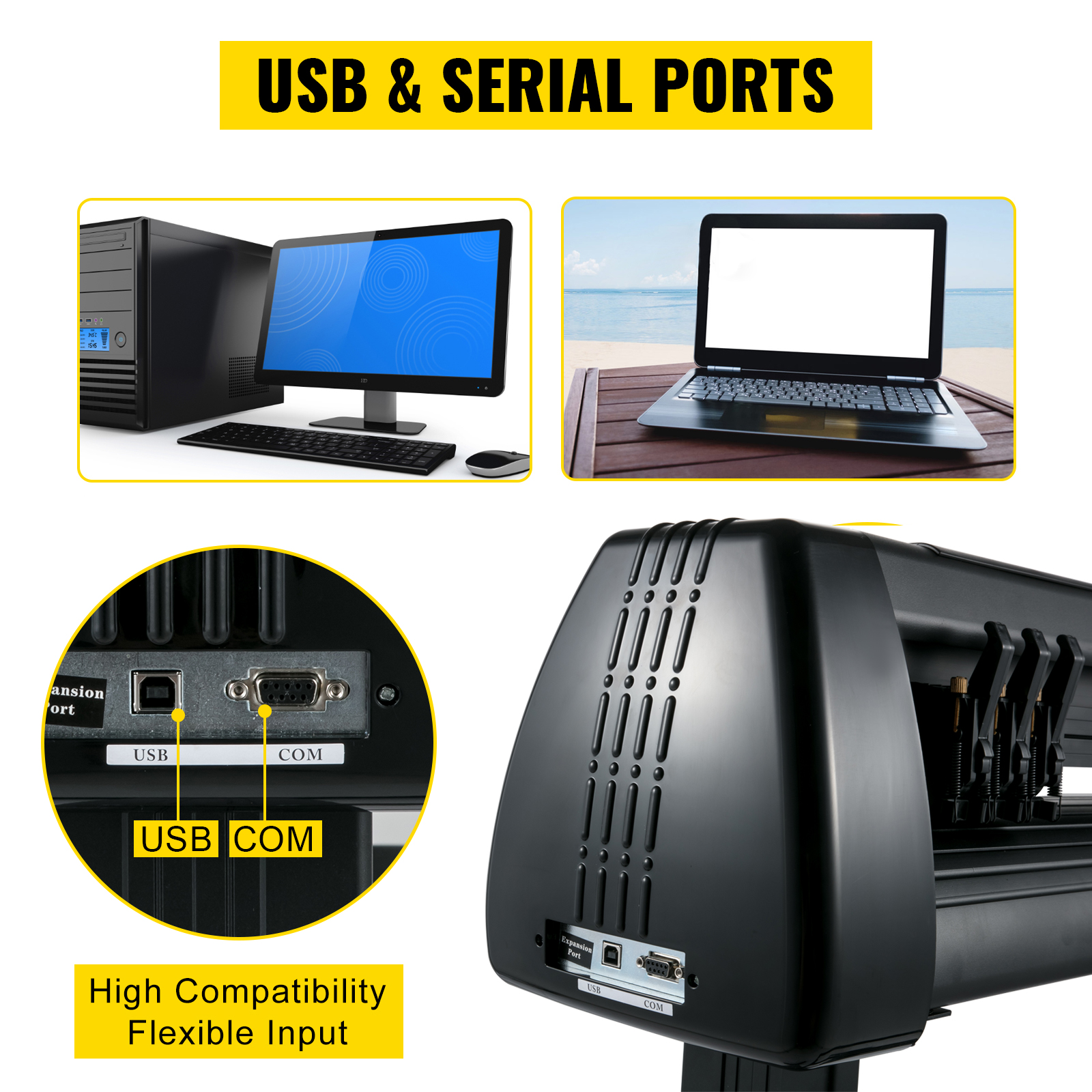 VEVOR vinyl cutter with usb and serial ports for high compatibility and flexible input.