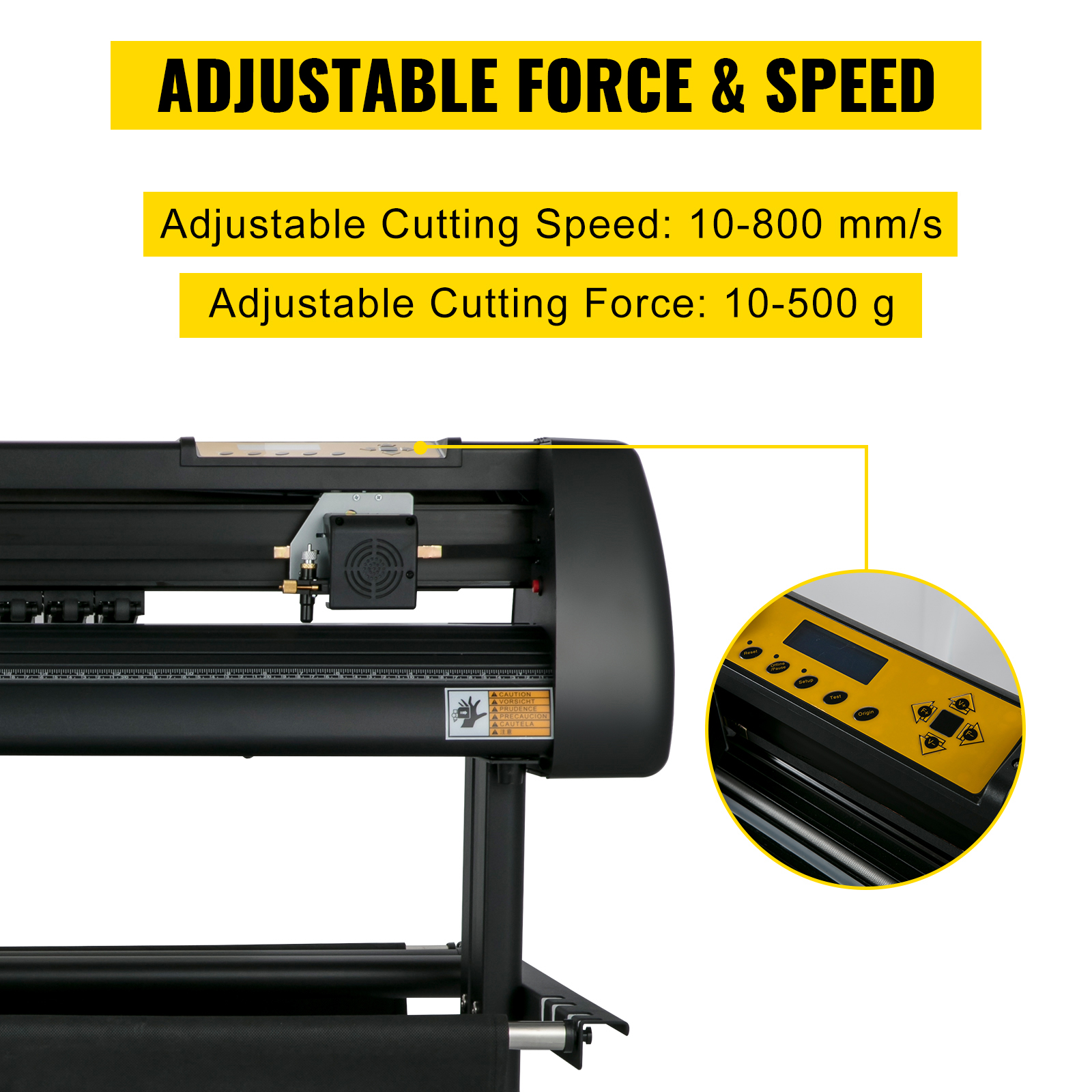 VEVOR vinyl cutter with adjustable cutting speed and force, control panel close-up.