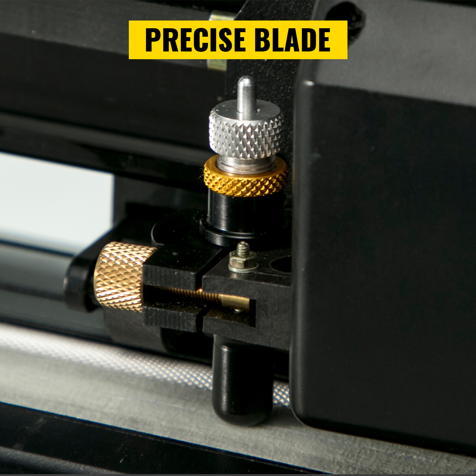 VEVOR vinyl cutter with precise blade close-up, gold and silver adjustment knobs.
