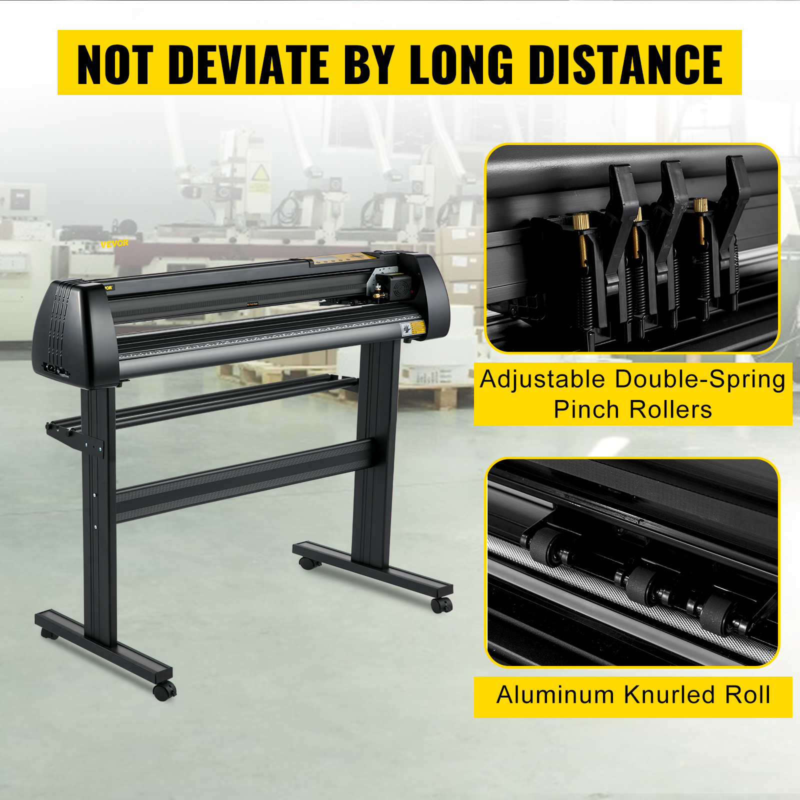 VEVOR vinyl cutter with adjustable double-spring pinch rollers and aluminum knurled roll.