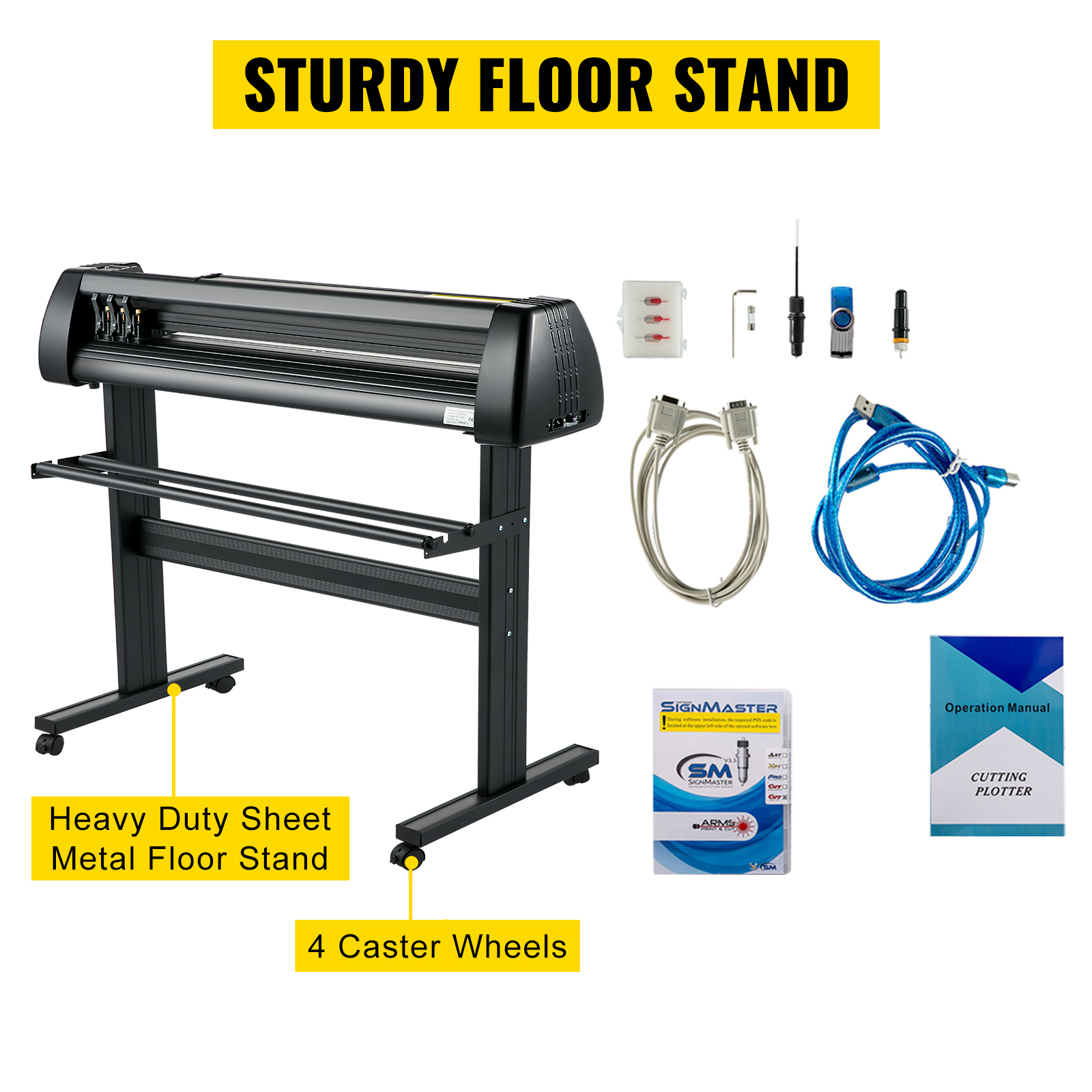 VEVOR vinyl cutter with sturdy floor stand, caster wheels, cables, and operation manual.