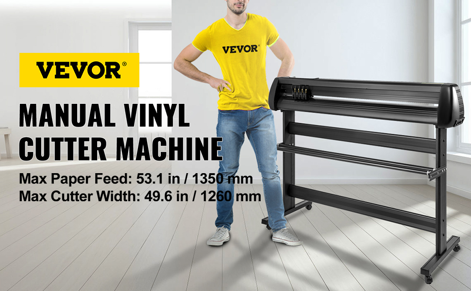VEVOR vinyl cutter with 53.1 in feed and 49.6 in cutter width, in a modern workspace.