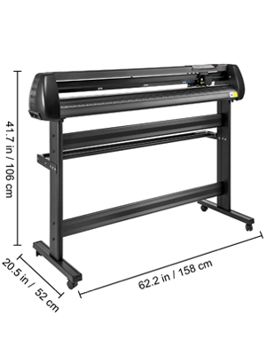 VEVOR vinyl cutter with dimensions: 41.7 x 20.5 x 62.2 inches, black stand included.