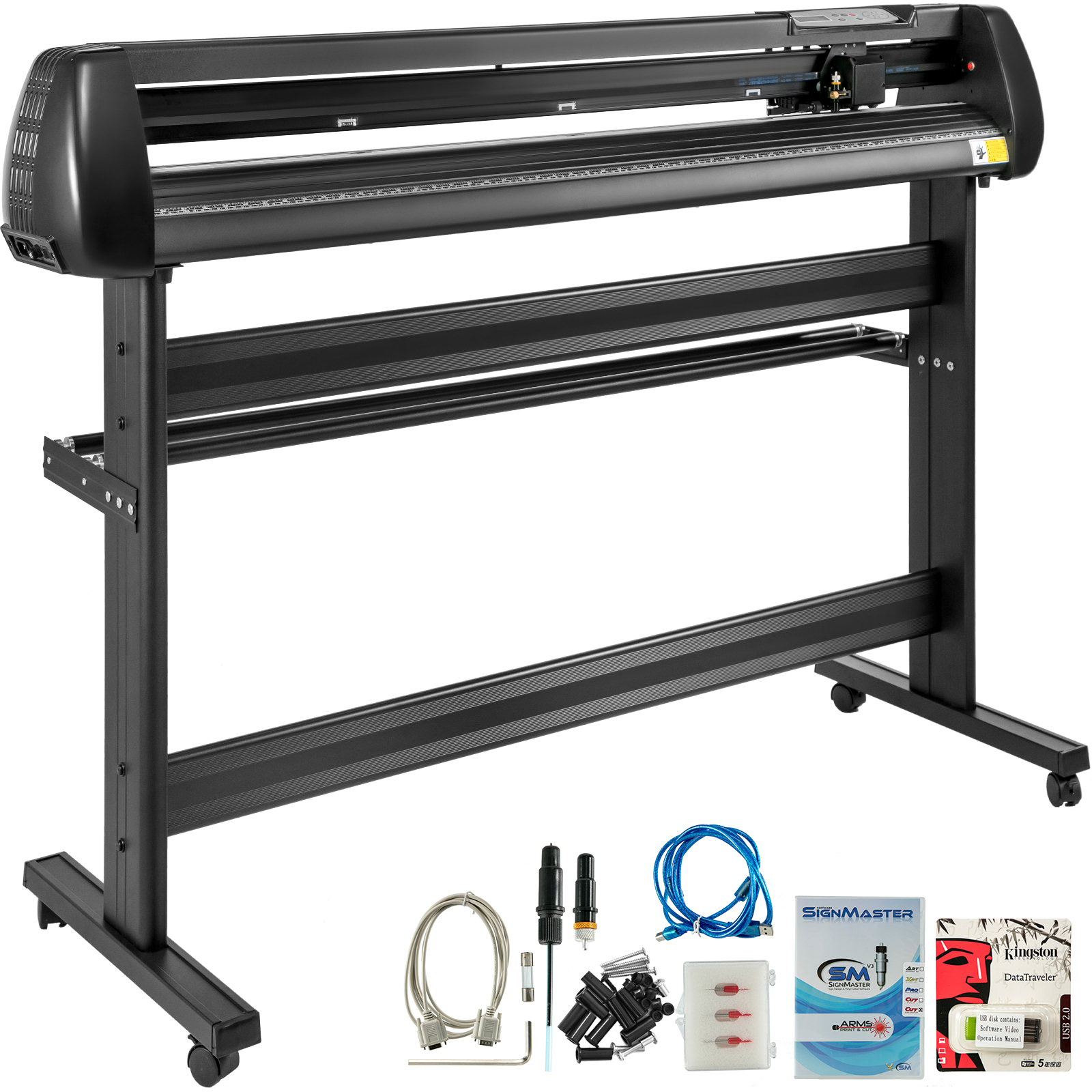 VEVOR vinyl cutter with stand, various cables, blades, signmaster software, and flash drive