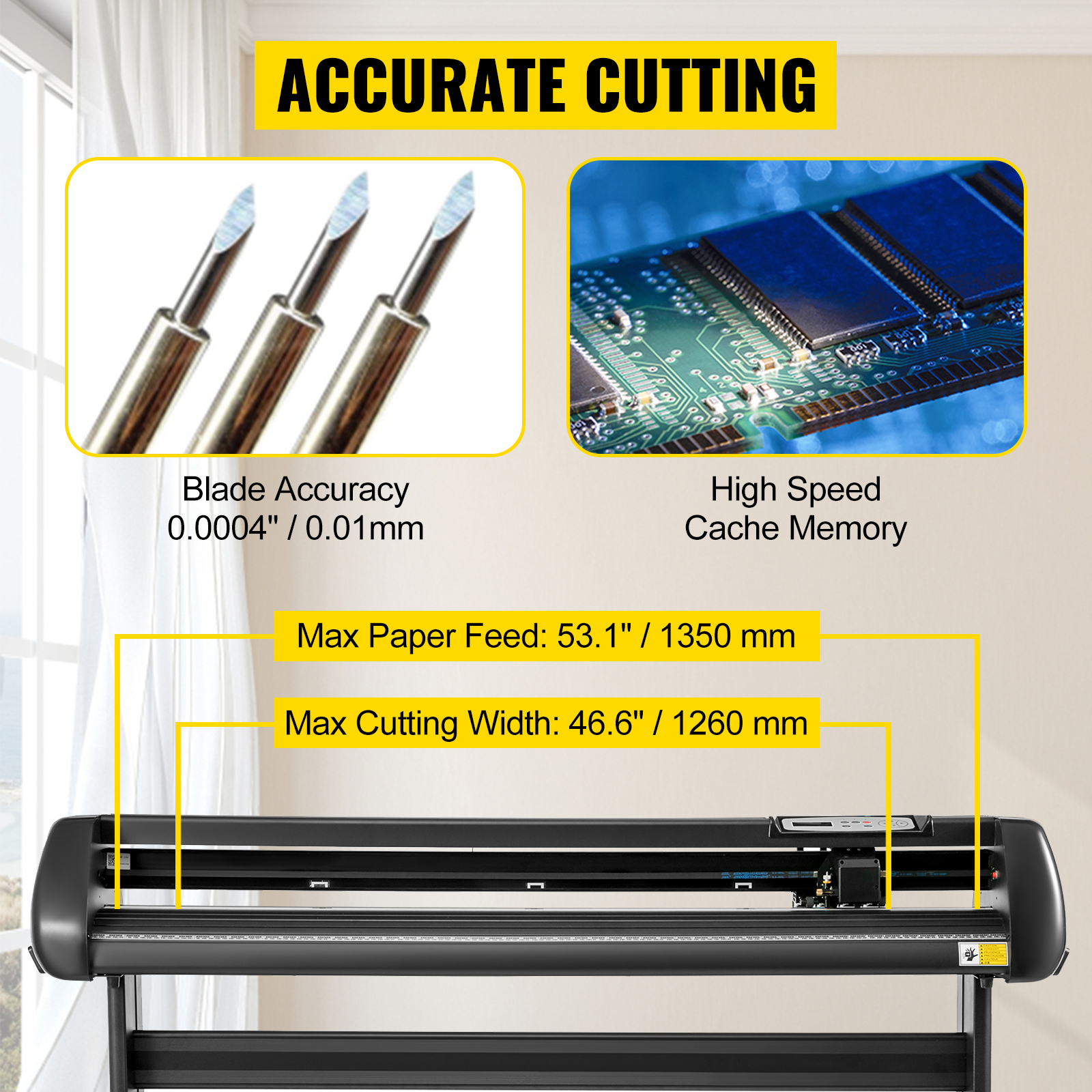 VEVOR vinyl cutter with blade accuracy, high-speed cache memory, and large cutting area.