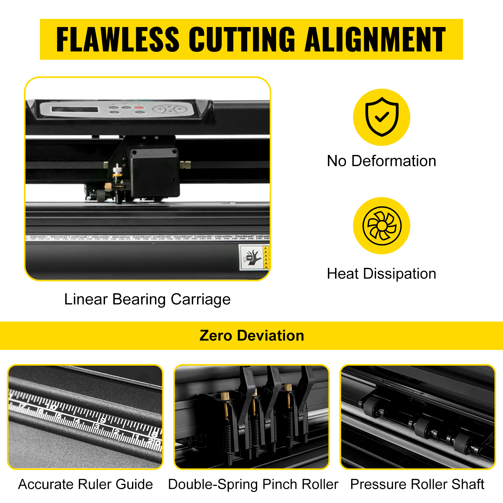 VEVOR vinyl cutter with linear bearing carriage, accurate ruler guide, and pinch rollers.