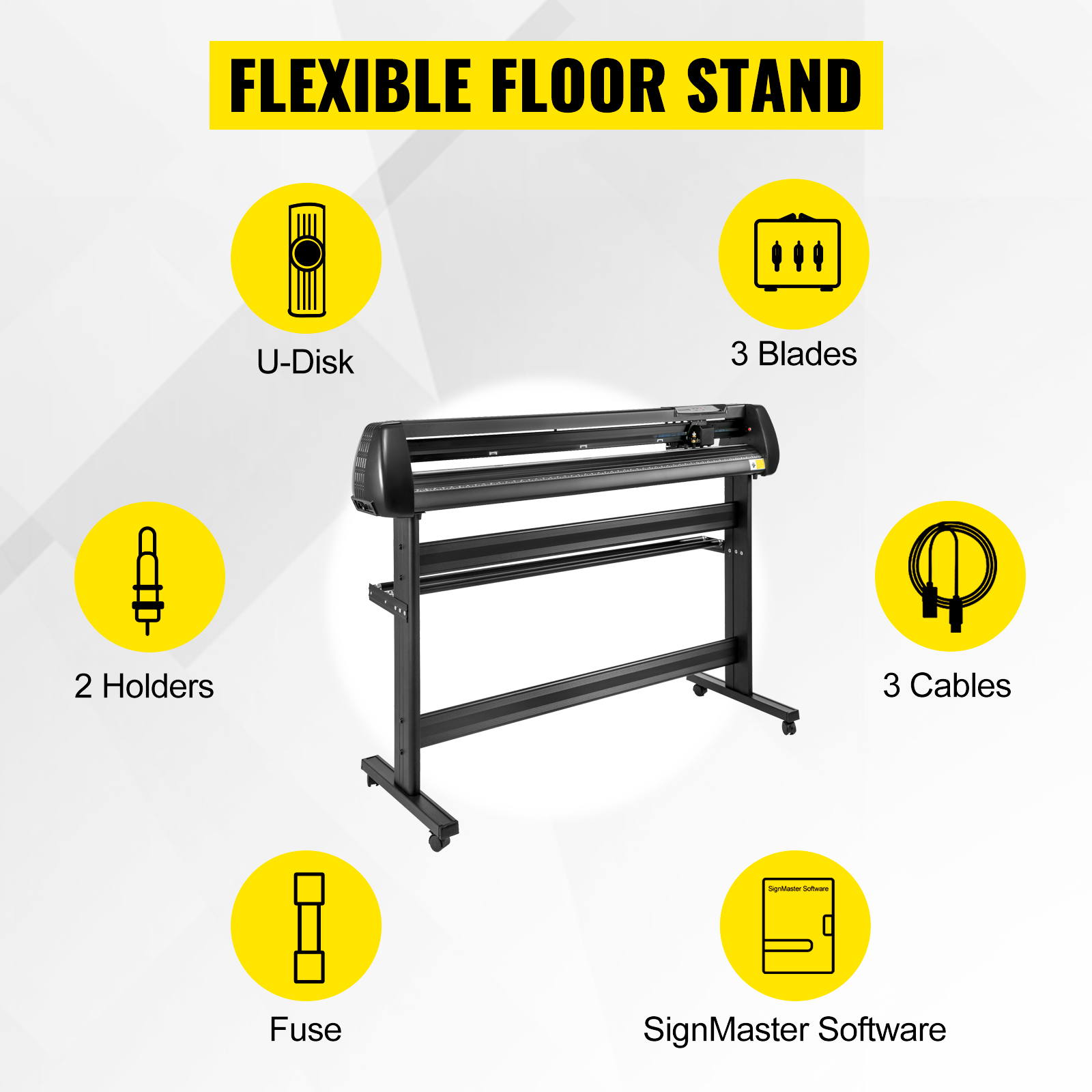 VEVOR vinyl cutter with flexible floor stand, 3 blades, u-disk, and signmaster software.