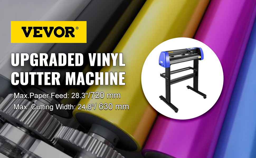 VEVOR vinyl cutter machine with max paper feed of 720 mm and cutting width of 630 mm.