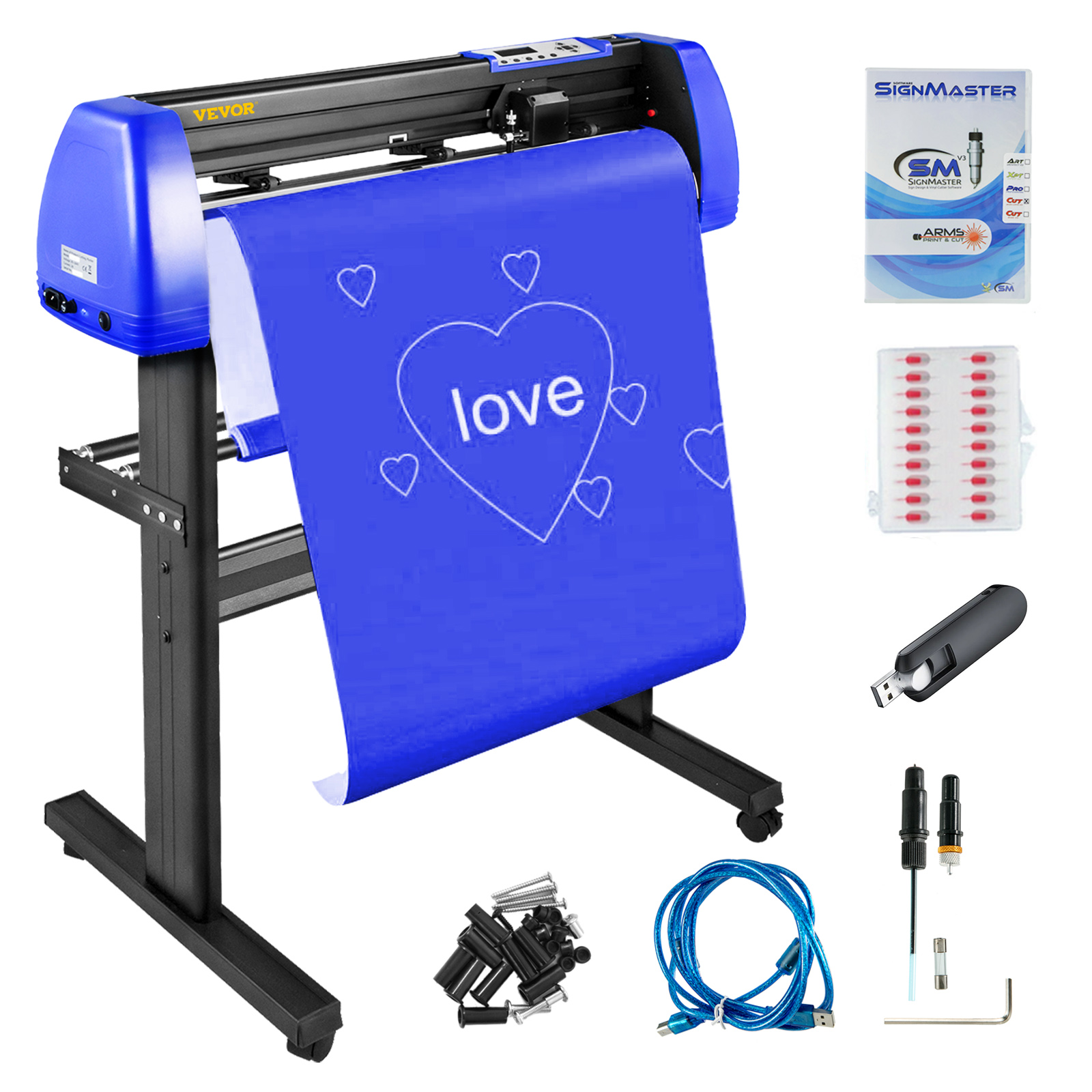 VEVOR vinyl cutter with accessories and blue vinyl featuring the word "love" with hearts.