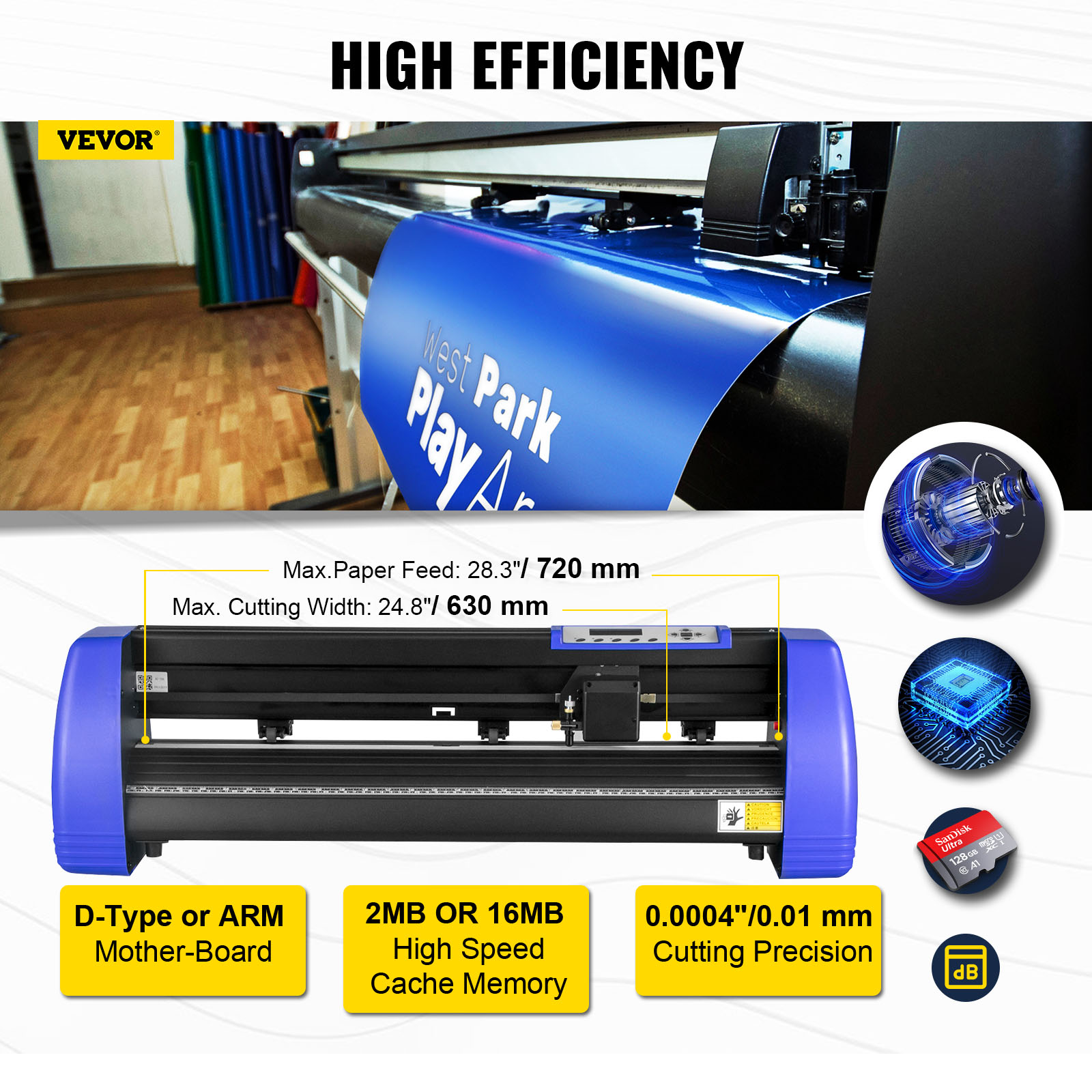 VEVOR vinyl cutter with 720mm max paper feed and 630mm max cutting width.
