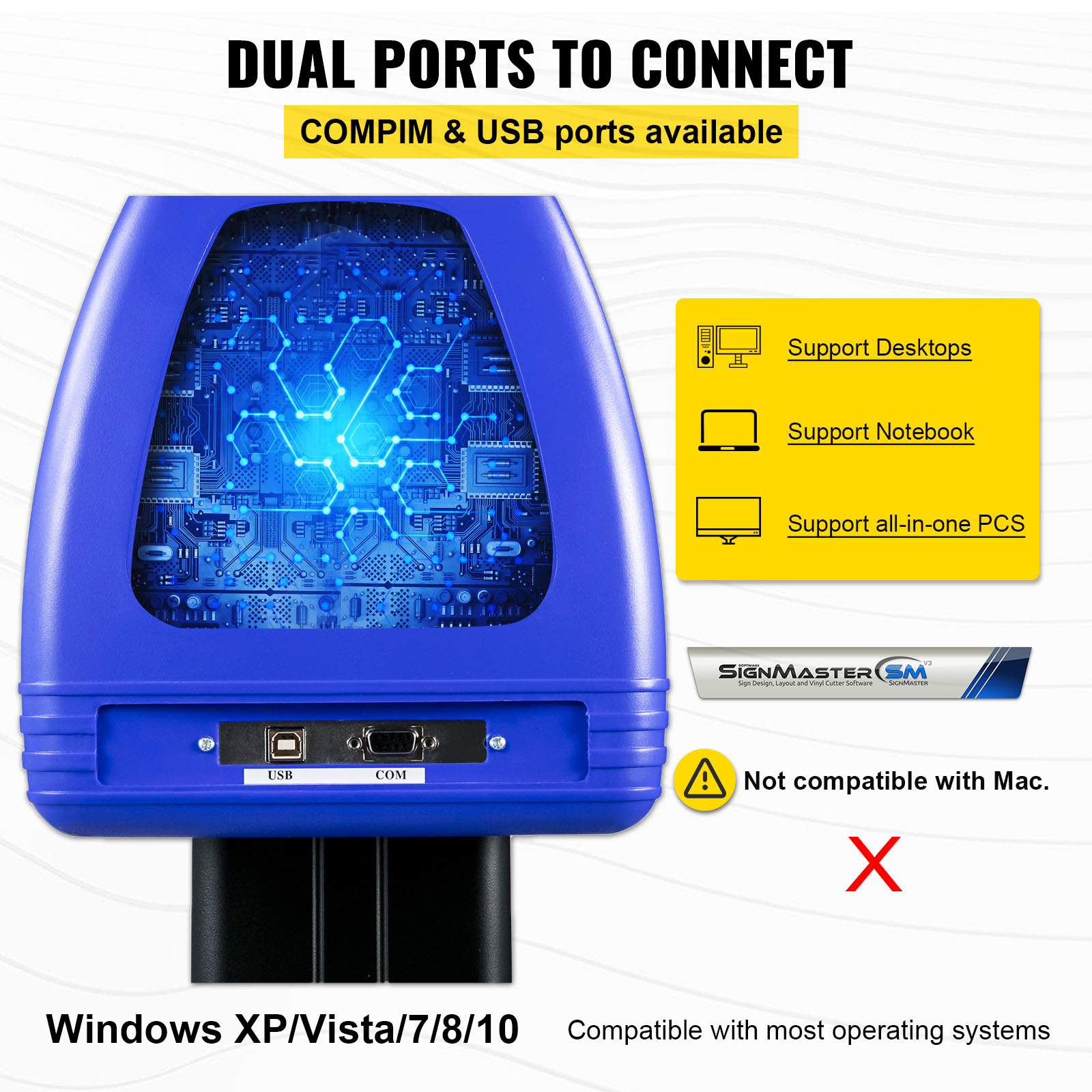 VEVOR vinyl cutter dual ports: compim & usb, supports various devices, windows compatible.