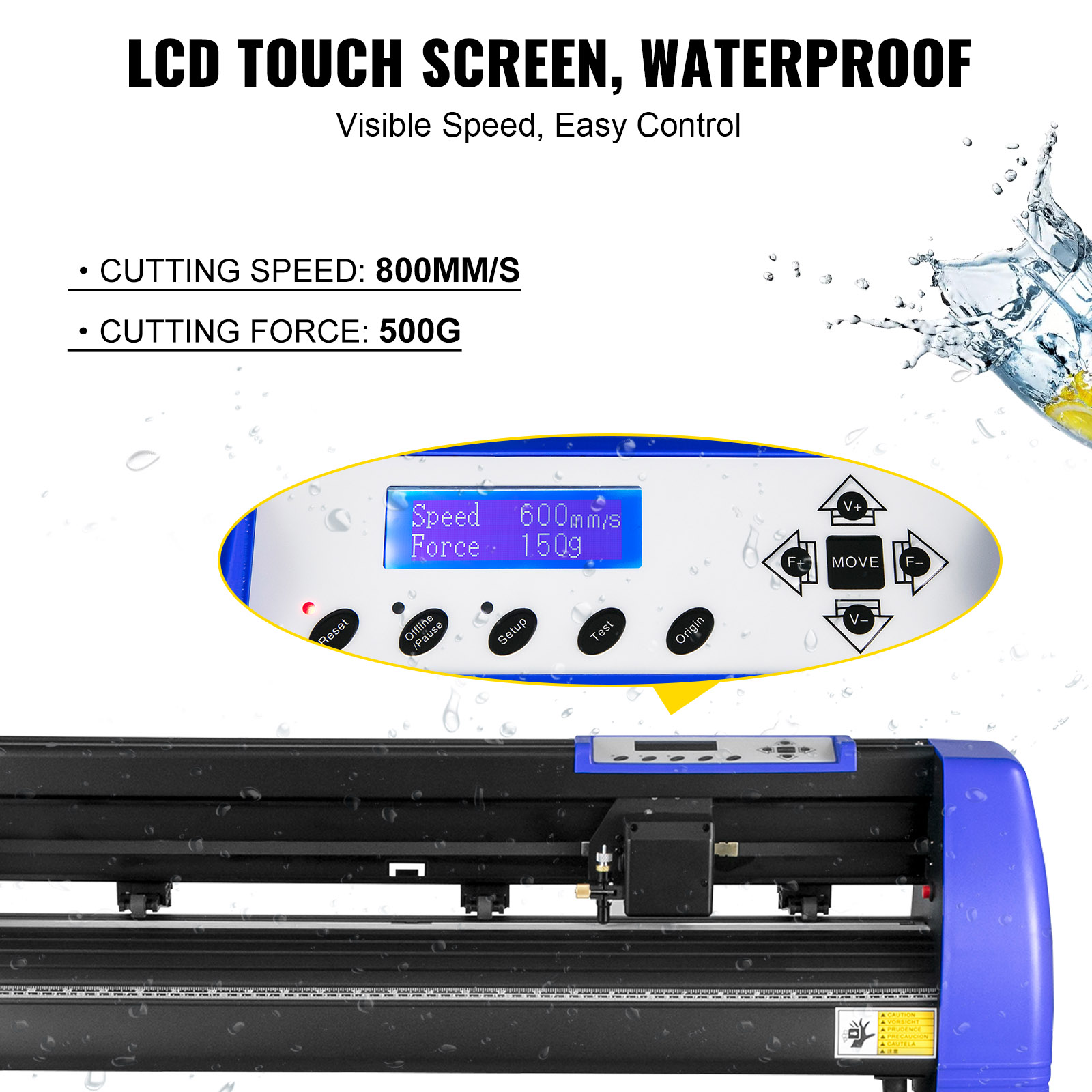 VEVOR vinyl cutter with waterproof lcd touchscreen, 800mm/s speed, and 500g force.
