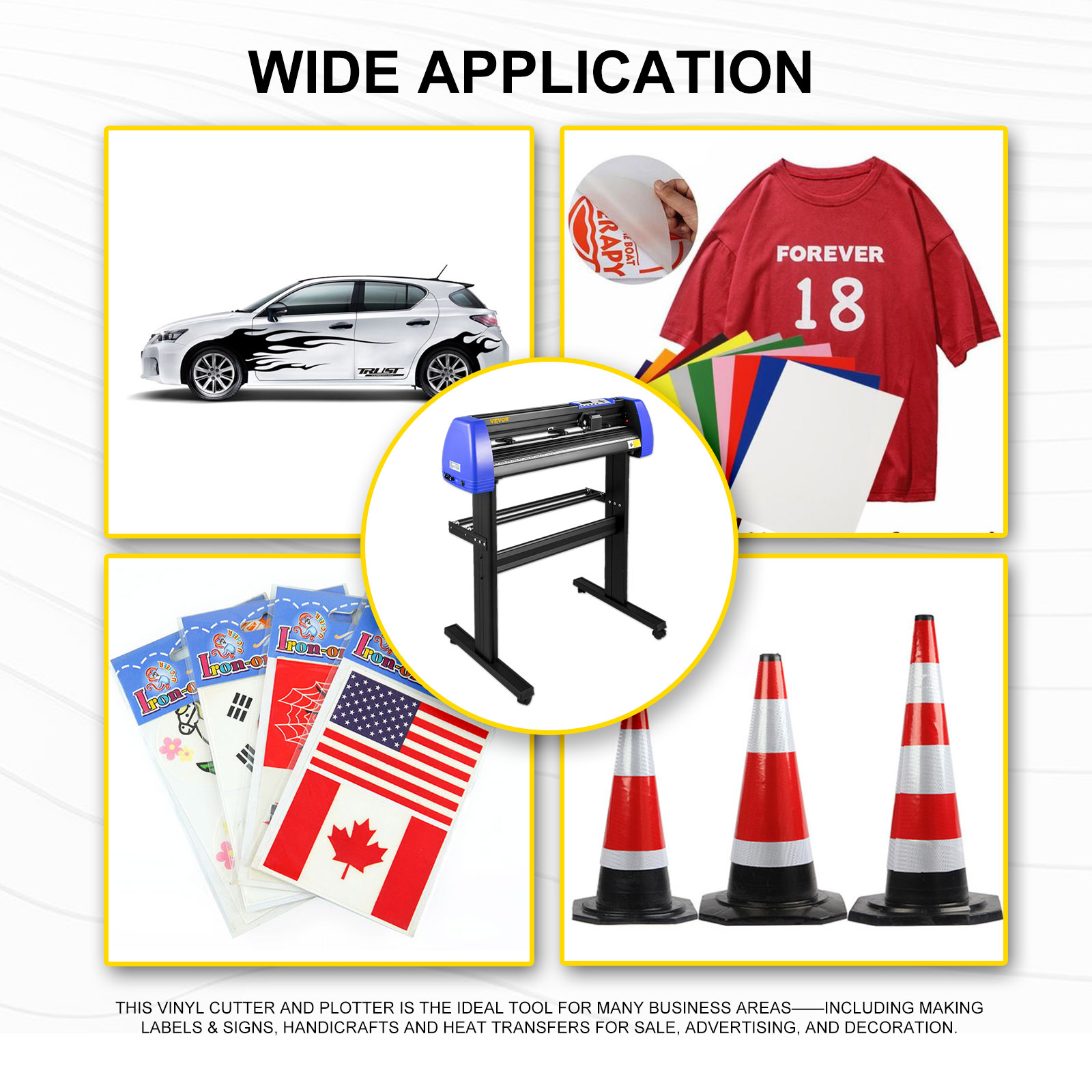 VEVOR vinyl cutter applications: car graphics, t-shirt designs, decals, traffic signs.