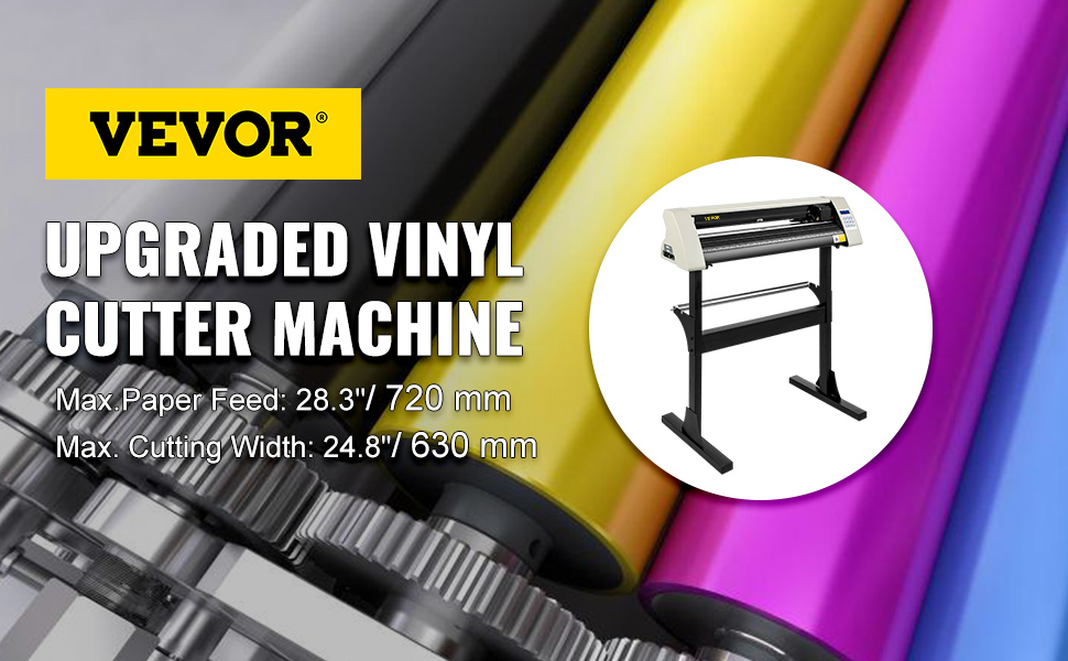 VEVOR vinyl cutter machine with colorful rolls and cutter specs.