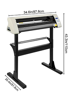 VEVOR vinyl cutter machine with dimensions: 34.6in x 20.4in x 43.3in.
